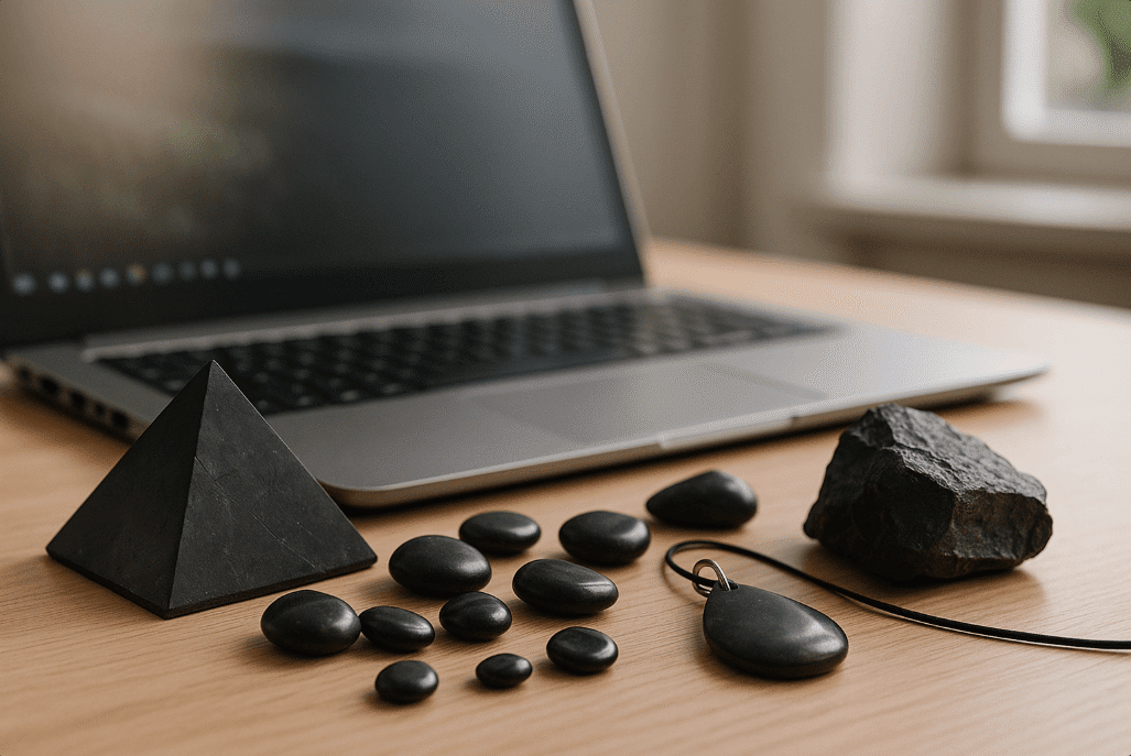 batu shungite didepan laptop