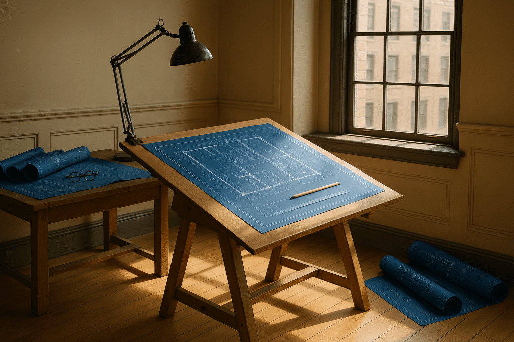 blueprint diatas meja tulis
