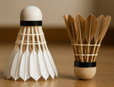 Close-up of a black and white shuttlecock on a wooden table