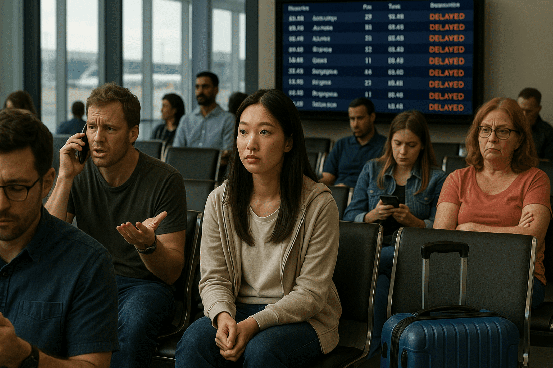 Group of people sitting in airport waiting area during flight delay