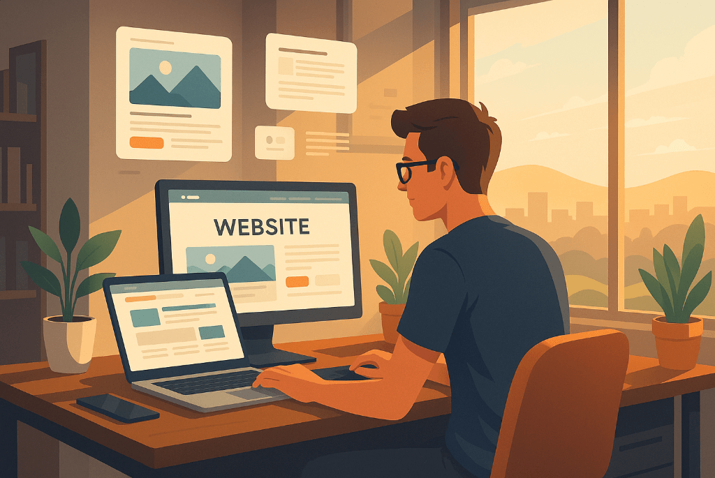 Ilustrasi pemuda membuat website