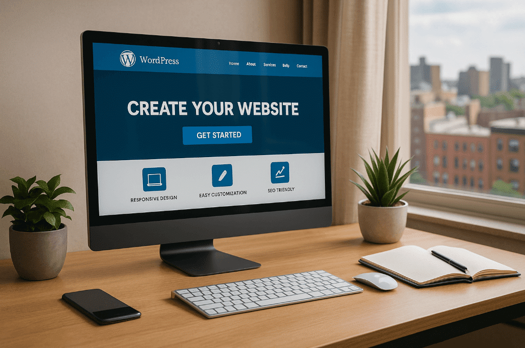 komputer dengan tampilan website wordpress