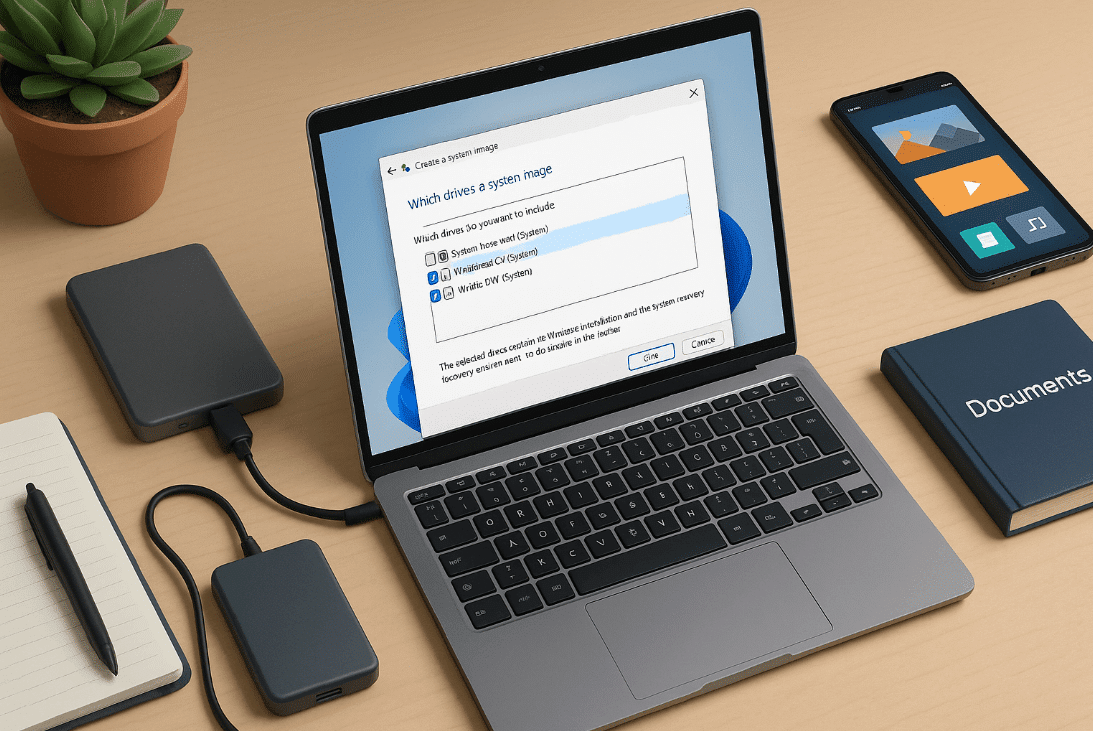 Laptop on wooden desk for Windows backup tutorial