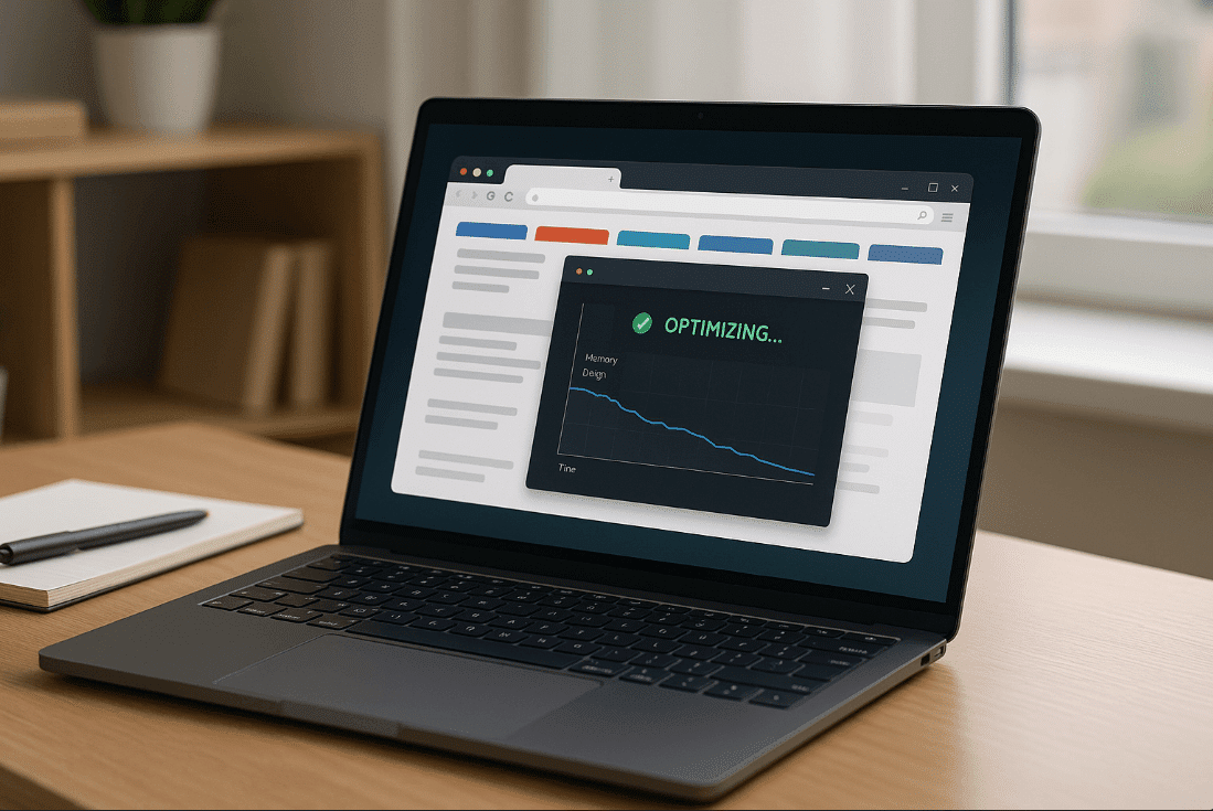 Laptop on wooden desk with eMo Web Browser Optimizer