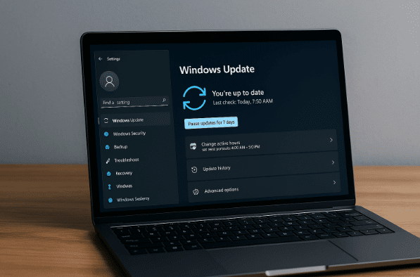 Laptop on wooden table with Windows update issue