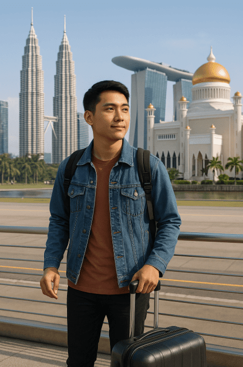 Man with suitcase in front of building in Southeast Asia