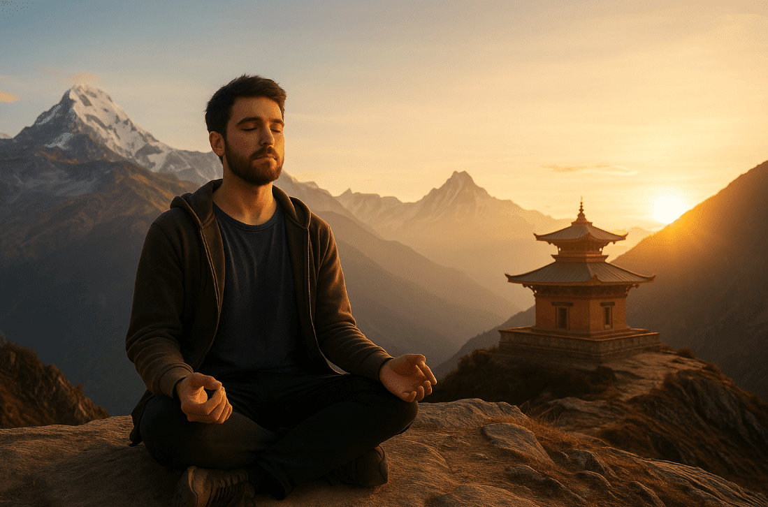 meditasi di dekat gunung himalaya
