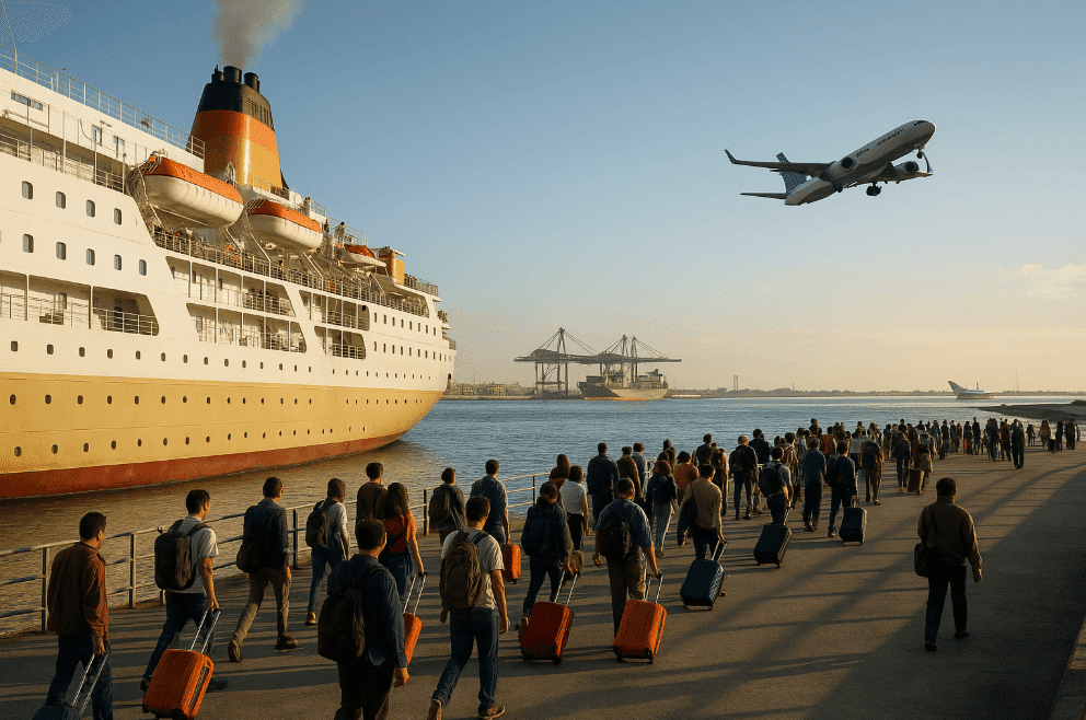 People walking on a pier for long-distance travel comparison