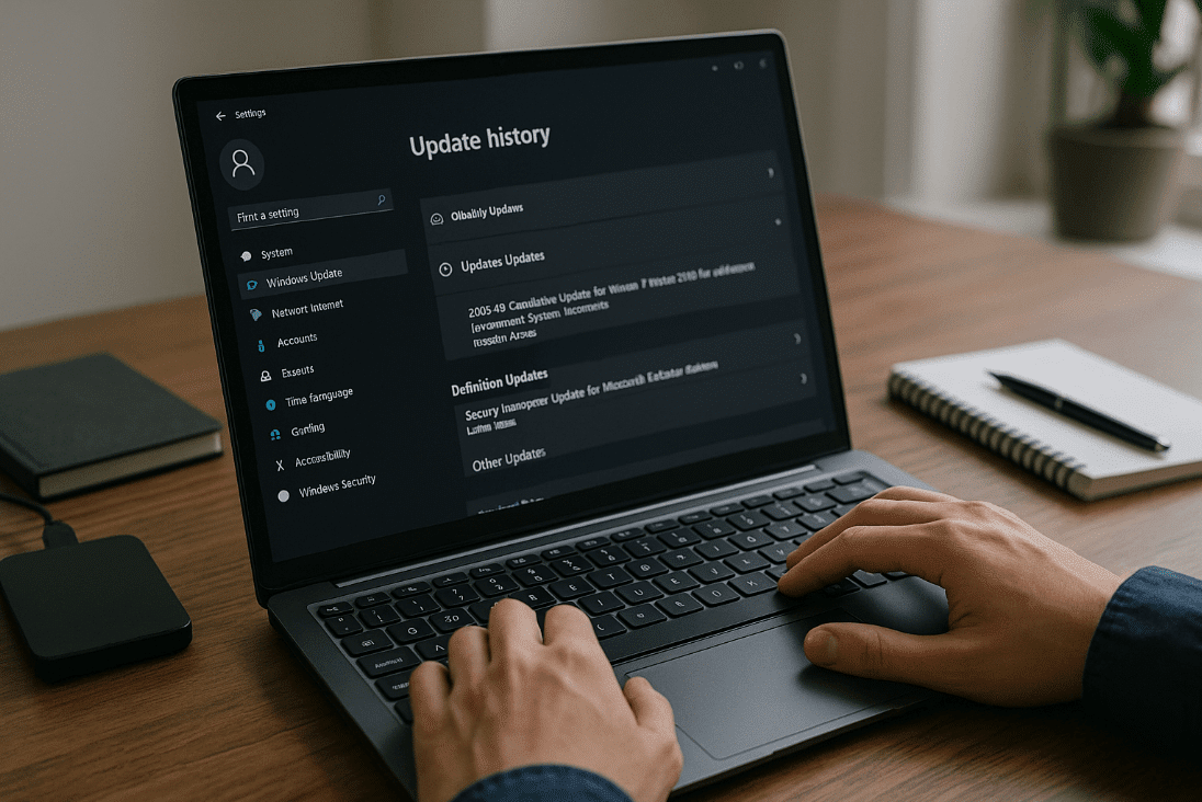 Person using laptop on desk for Windows rollback guide