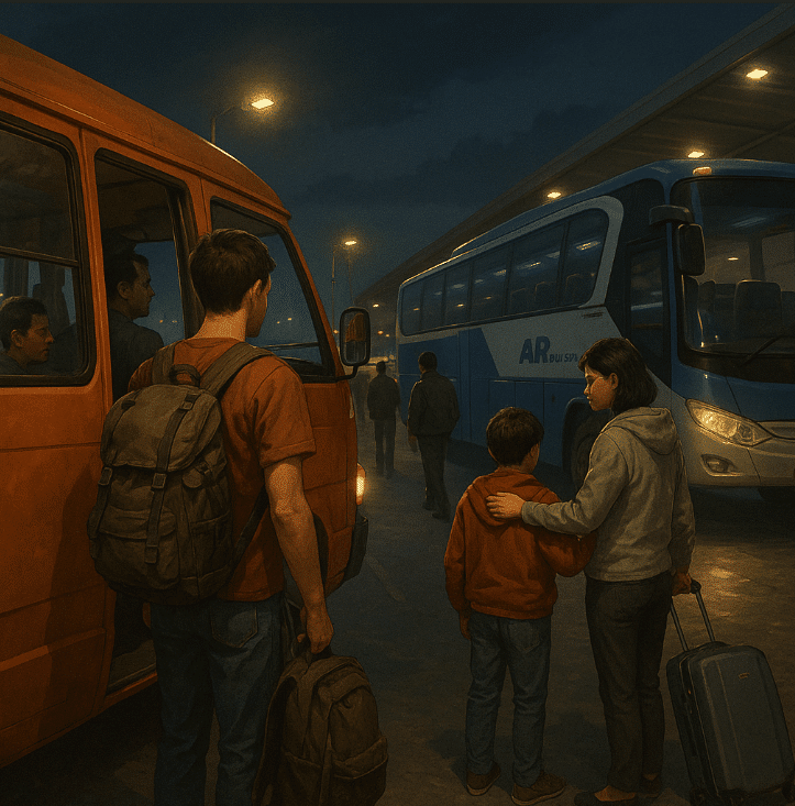 Several travelers beside a bus during a Jakarta to Malang journey