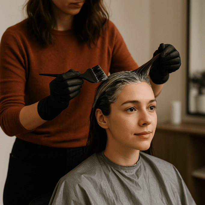 wanita sedang semir rambut