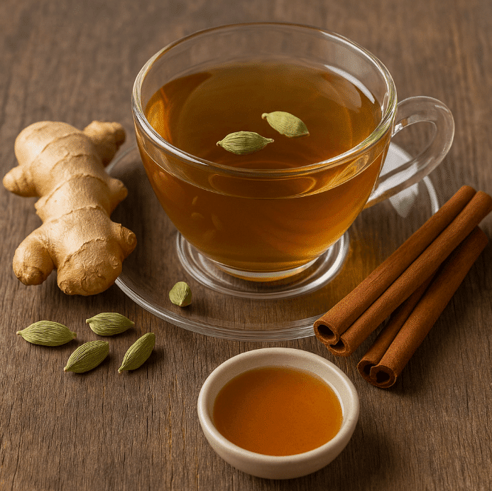 A cup of herbal tea with cinnamon and ginger on a wooden table