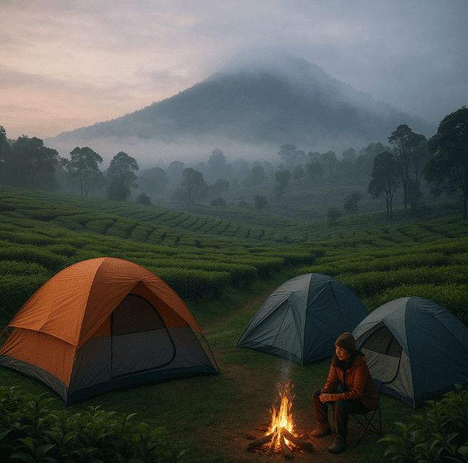 A man camping by a campfire with tents at Selabintana