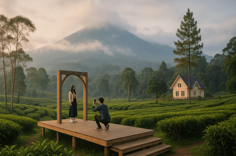 A man photographing a woman on a wooden platform in Selabintana Sukabumi