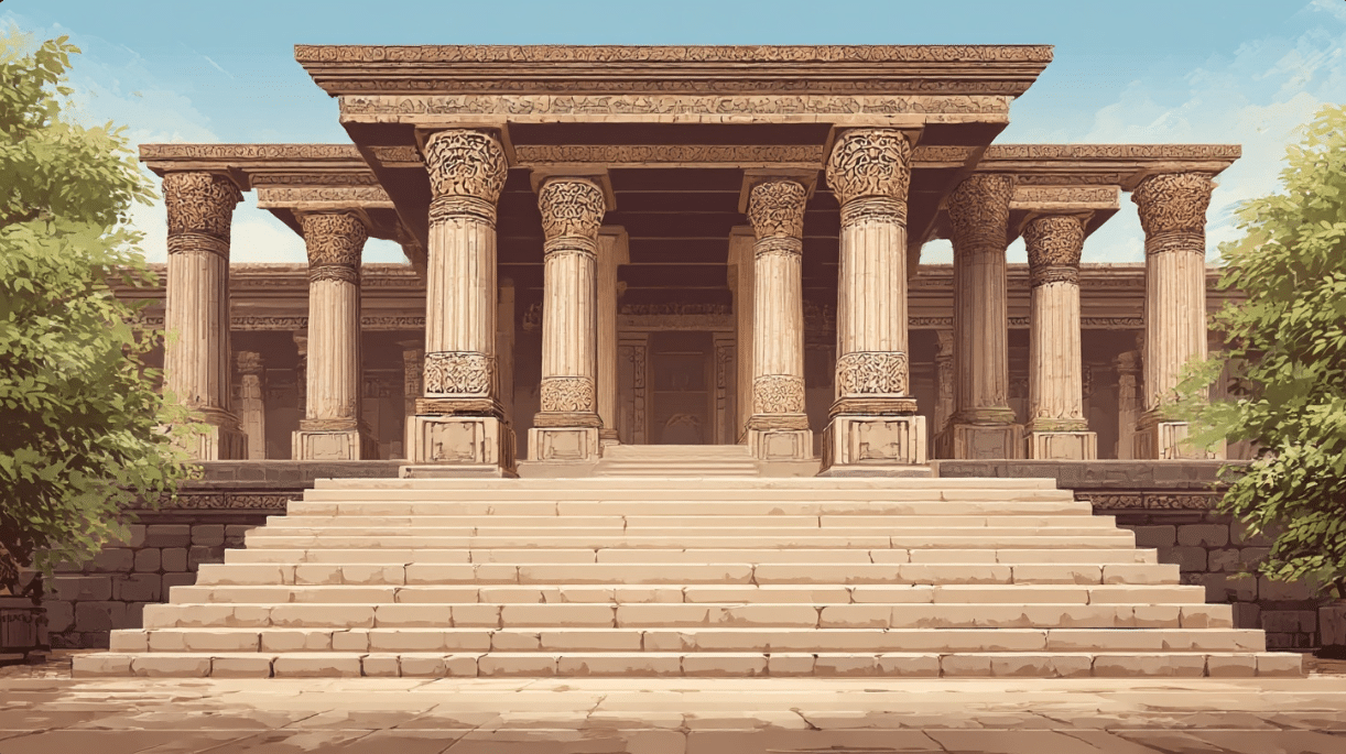 A painting of a pyramid building with steps in Majenang