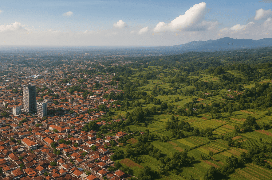 Alt text: aerial view of Bogor city with surrounding greenery