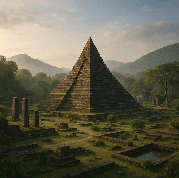 Ancient pyramid in grassy field under clear sky