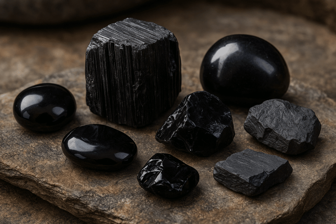Black crystal rocks arrangement on larger rock surface
