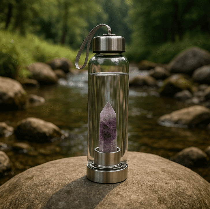 Crystal water bottle on rock by river