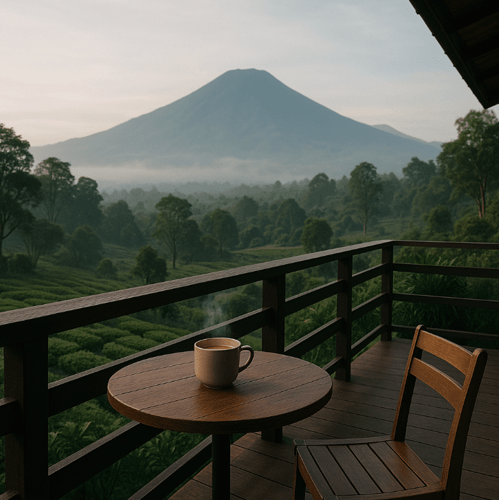 Cup of coffee on balcony with mountain view