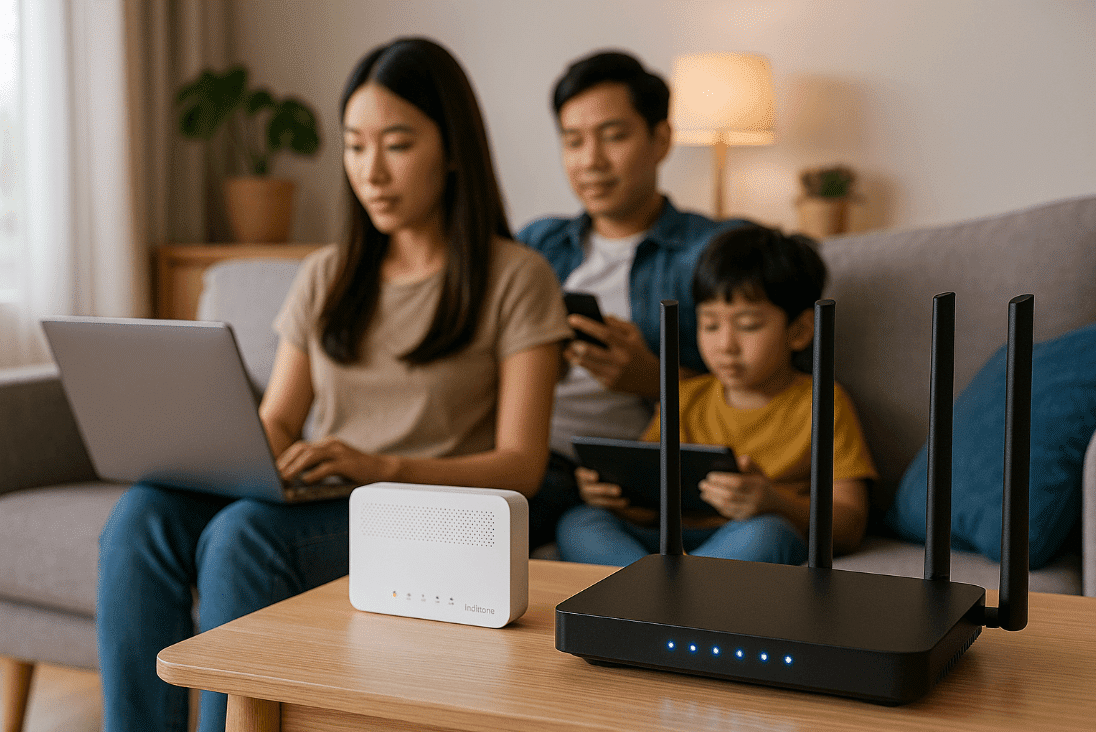 Family using laptop and router at home for faster Indihome connection