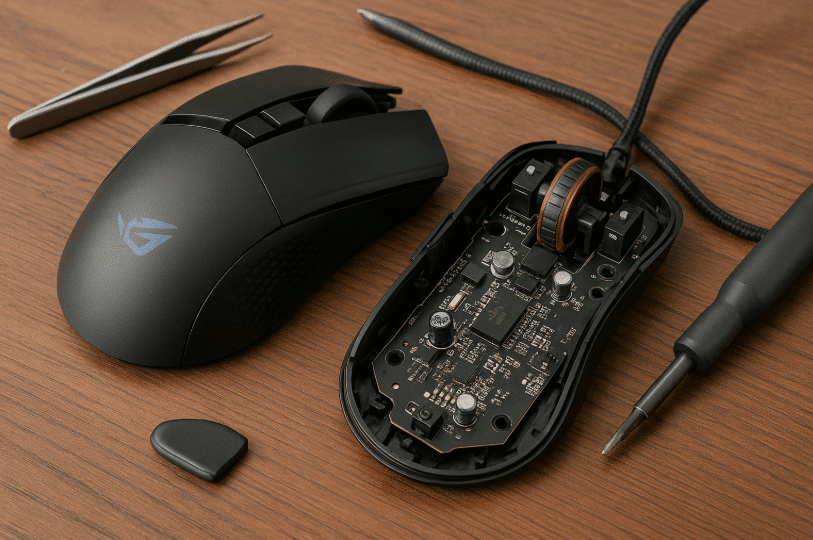Gaming mouse on wooden table