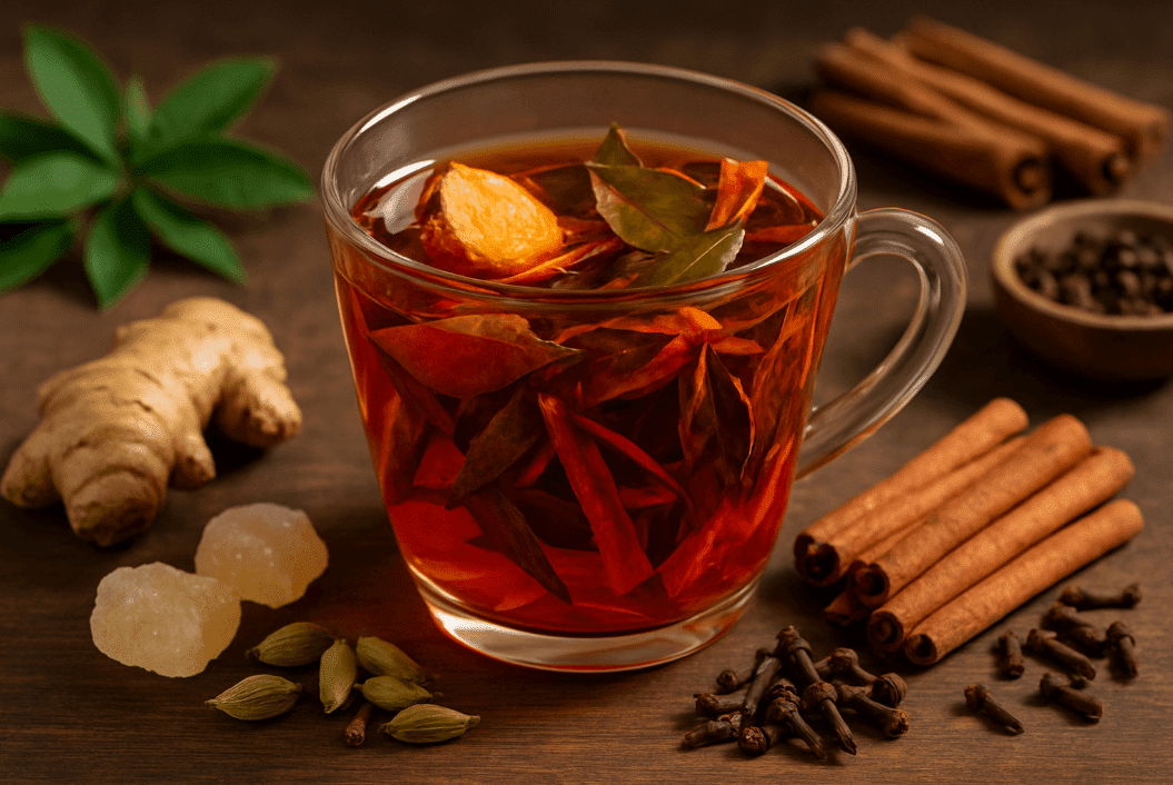 Glass cup of herbal tea with assorted spices around it
