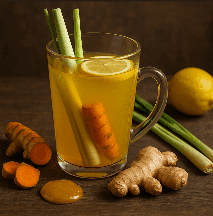 Herbal drink in glass mug with sliced carrots and celery