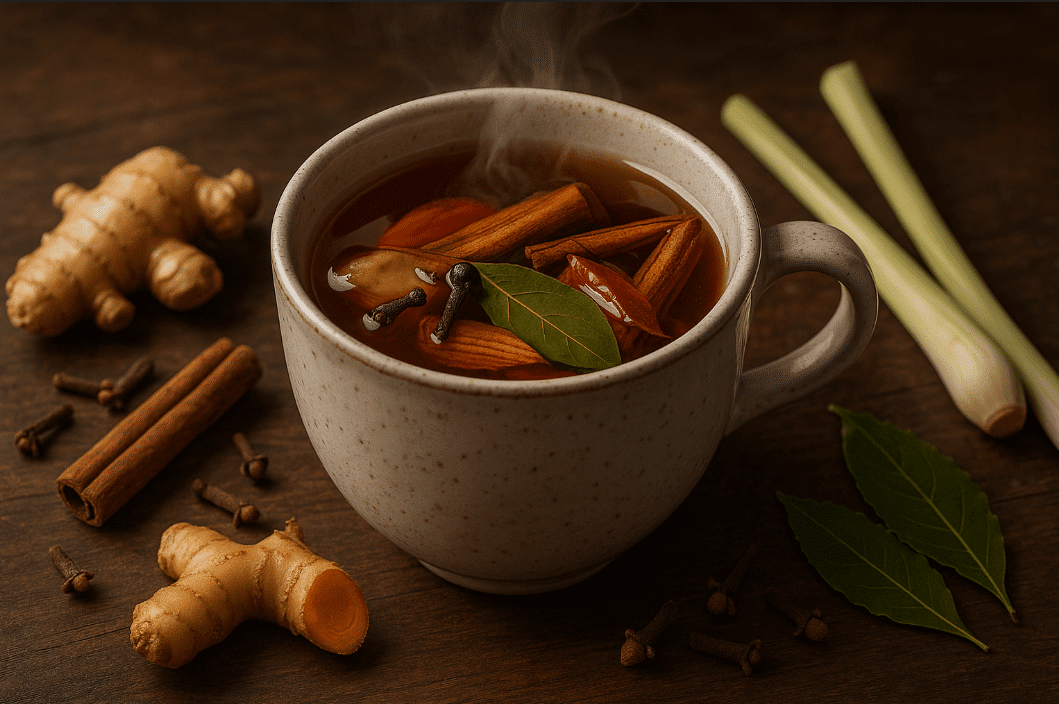 Herbal tea with cinnamon, ginger, and green leaves