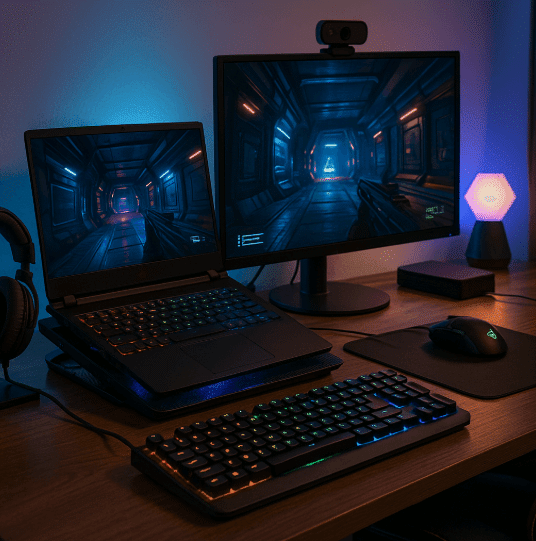 Laptop on wooden desk for gaming accessories blog