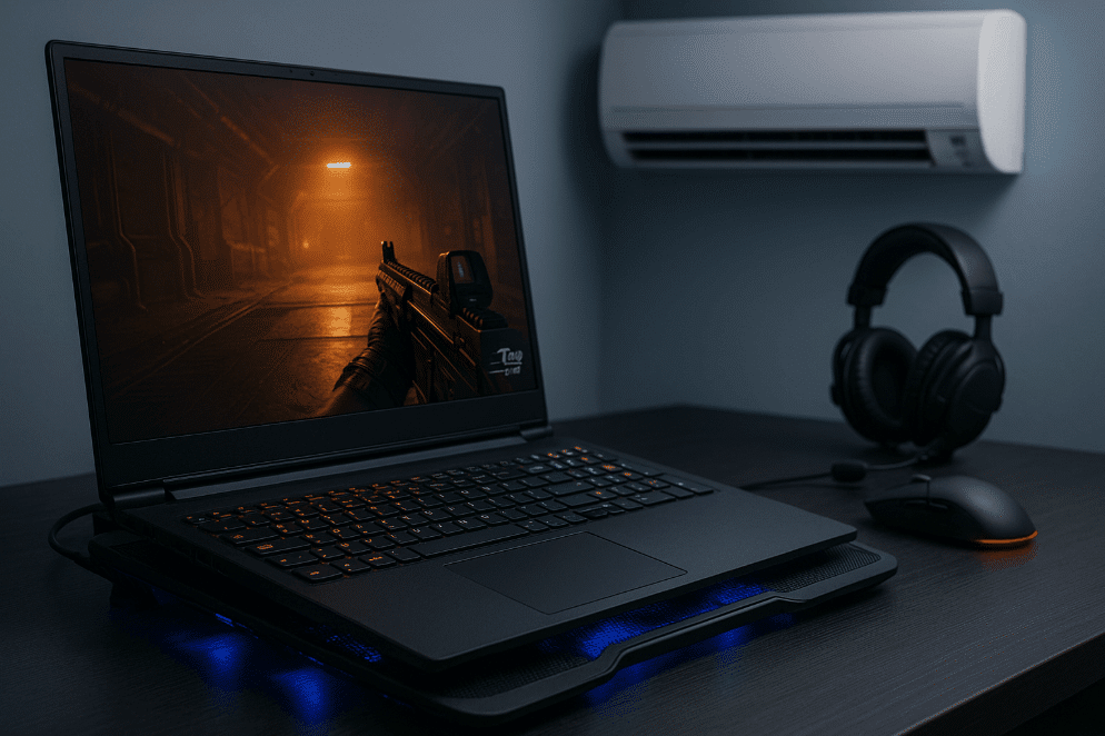 Laptop on wooden desk with noisy MSI fan issue