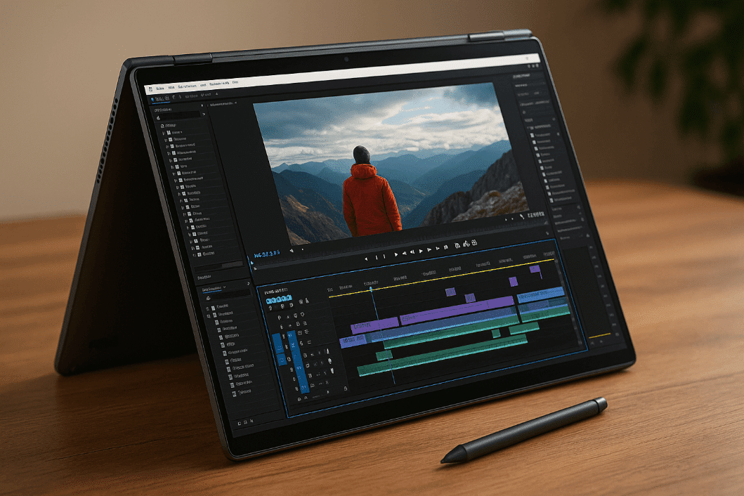 Lenovo Yoga 7 laptop on wooden table for video editing