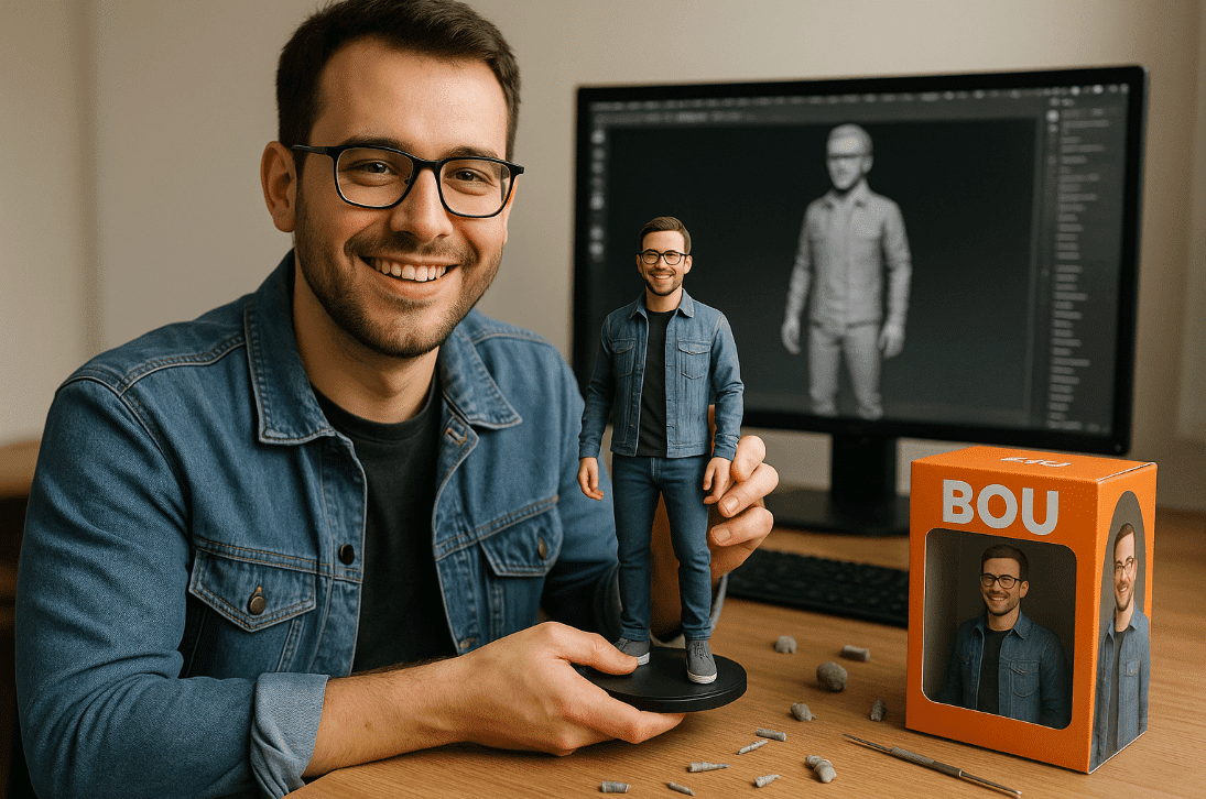 Man designing 3D doll on computer at desk