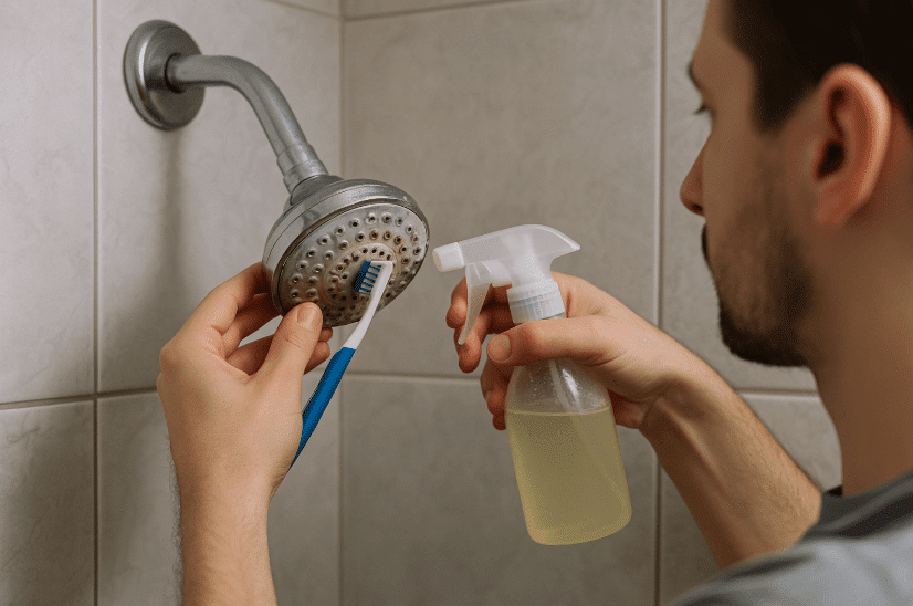 Man holding spray bottle and toothbrush to unclog shower drain