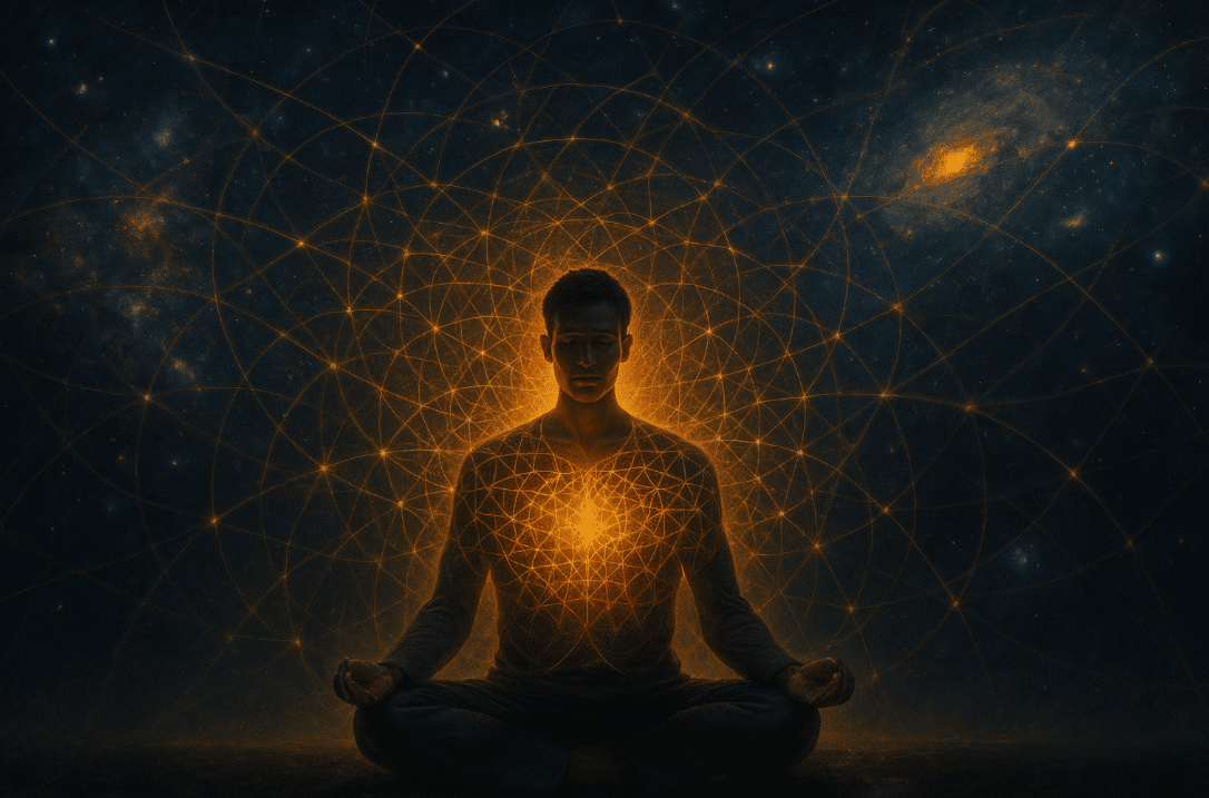 Man meditating under night sky with stars