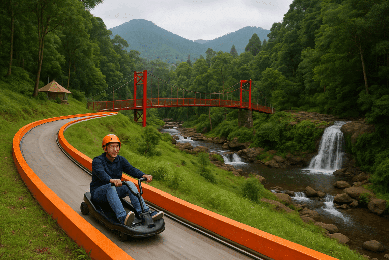 Man on motorized scooter on winding road in Sukabumi