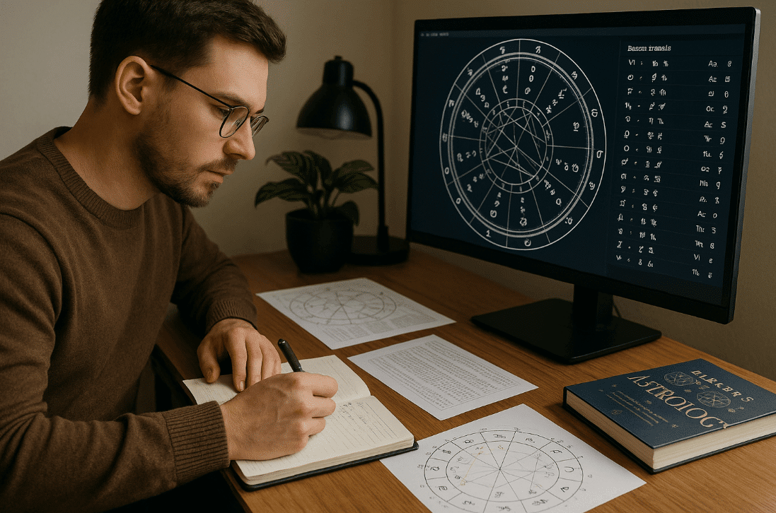 Man sitting at desk using computer for weekly zodiac readings