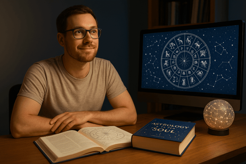 Man studying astronomy on computer at desk