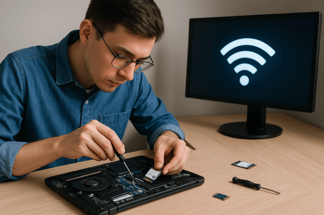 Man upgrading laptop wifi for faster internet