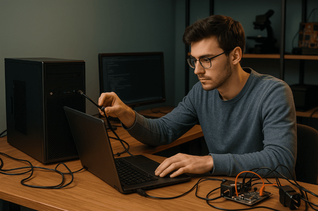 Man using external CPU with laptop at desk