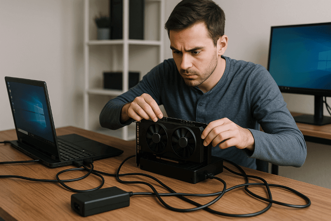 Man using external processor setup with camera and laptop