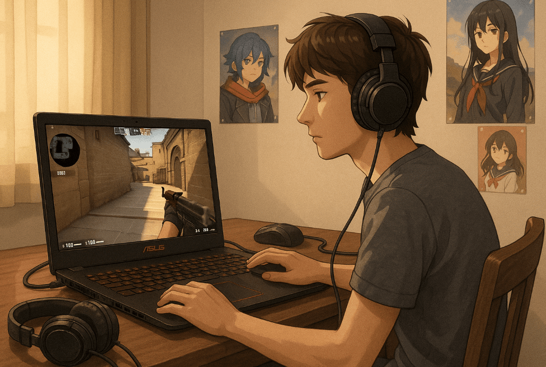 Man using laptop for gaming research
