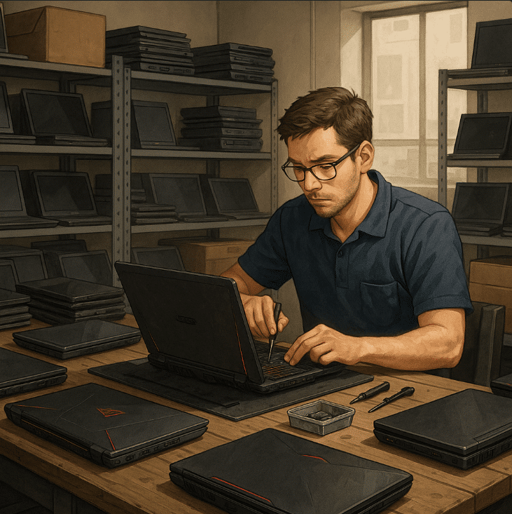 Man working on laptop at table discussing affordable gaming laptops