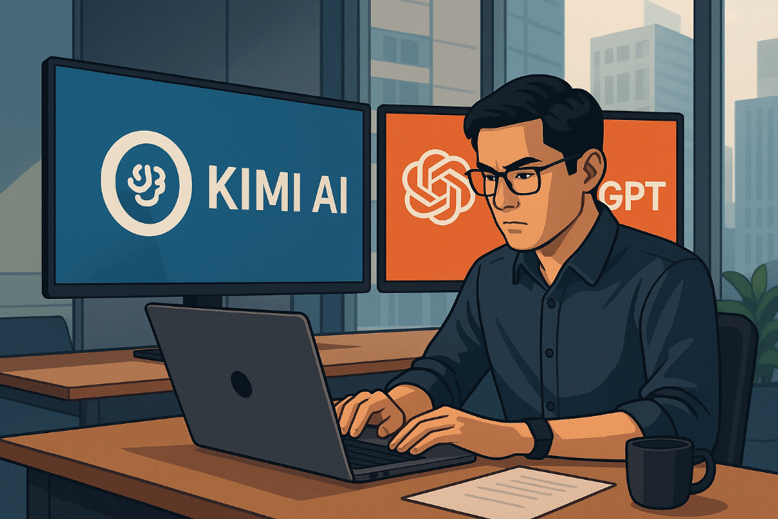 Man working on laptop in AI technology blog