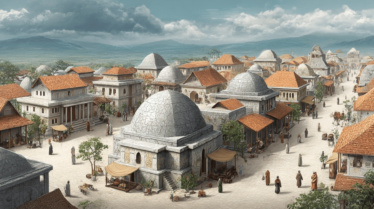 Painting of a bustling townscape