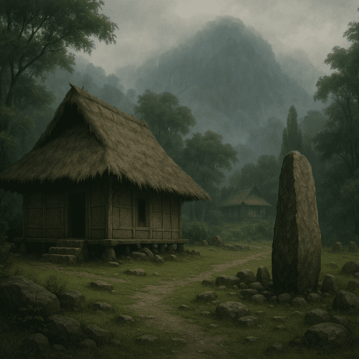 Painting of a forest hut representing ancient kingdoms in Sukabumi