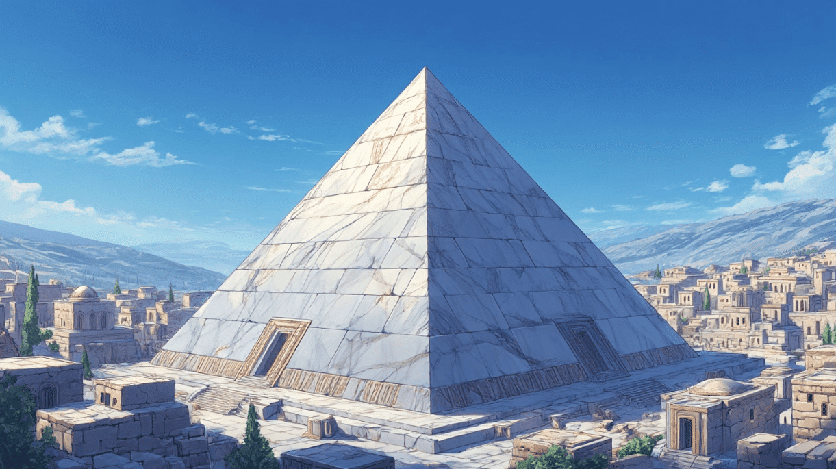 Painting of a pyramid in a city showcasing hidden Indonesian civilization