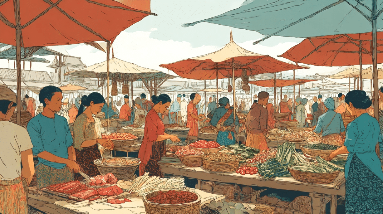 Painting of people at an outdoor market