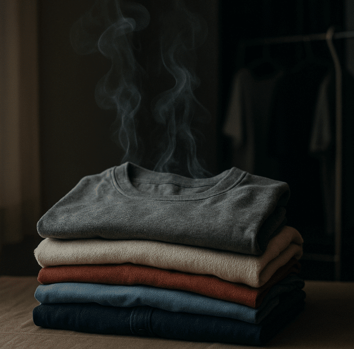 Stack of folded shirts on a table
