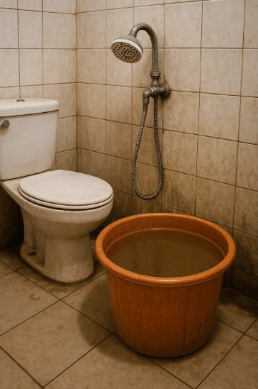 Toilet beside brown tub in bathroom